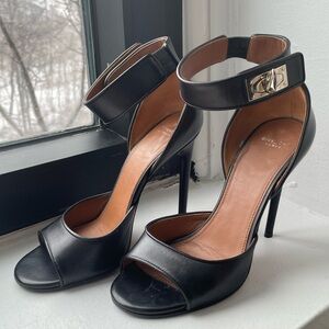Givenchy Paris Elegant Black Leather High Heels Clasp Ankle Strap